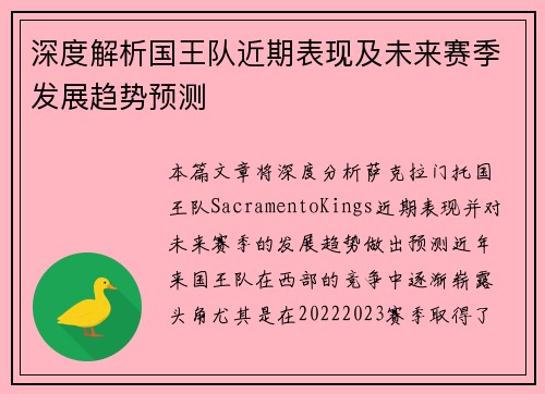 深度解析国王队近期表现及未来赛季发展趋势预测