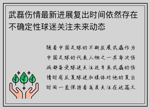 武磊伤情最新进展复出时间依然存在不确定性球迷关注未来动态 武磊伤情最新进展复出时间依然存在不确定性球迷关注未来动态